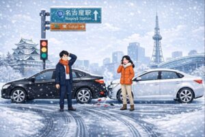 名古屋の冬に路面凍結で発生した追突事故のイメージイラスト