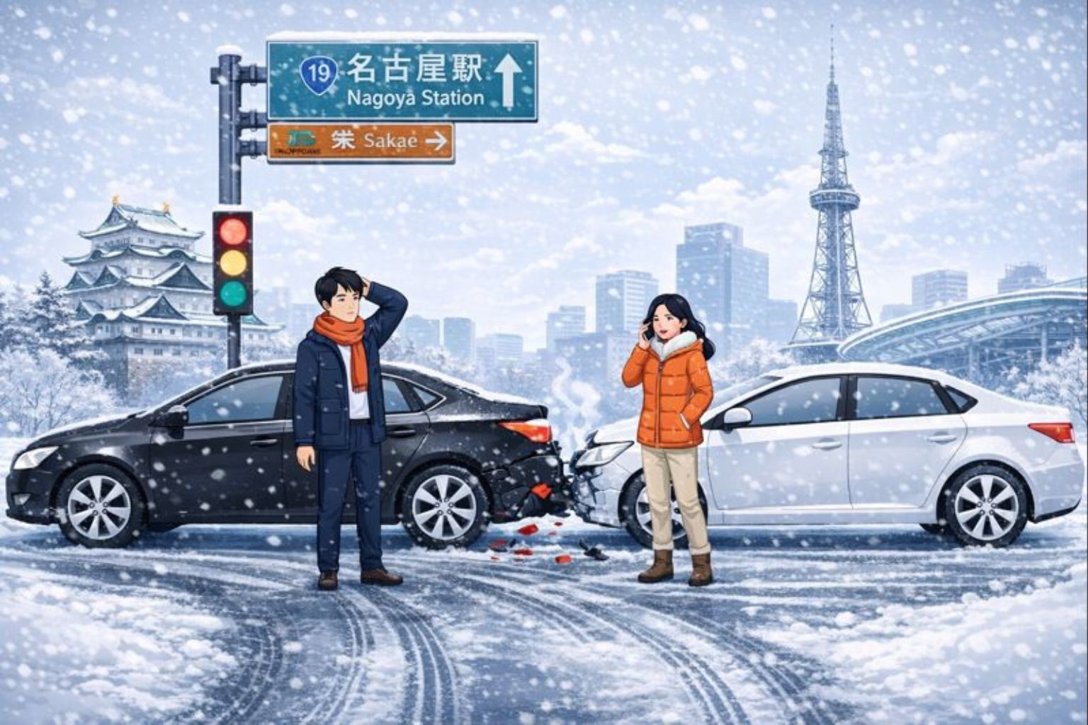 名古屋の冬に路面凍結で発生した追突事故のイメージイラスト