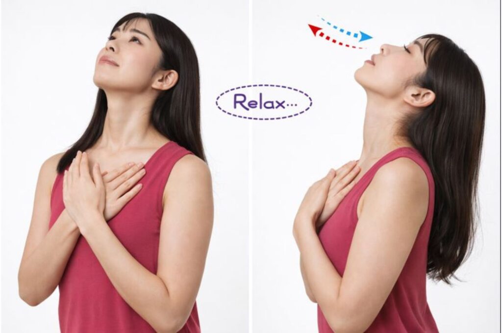 深呼吸によって胸椎の動きを引き出し、首への負担を減らして痛みを軽減する動作イメージ