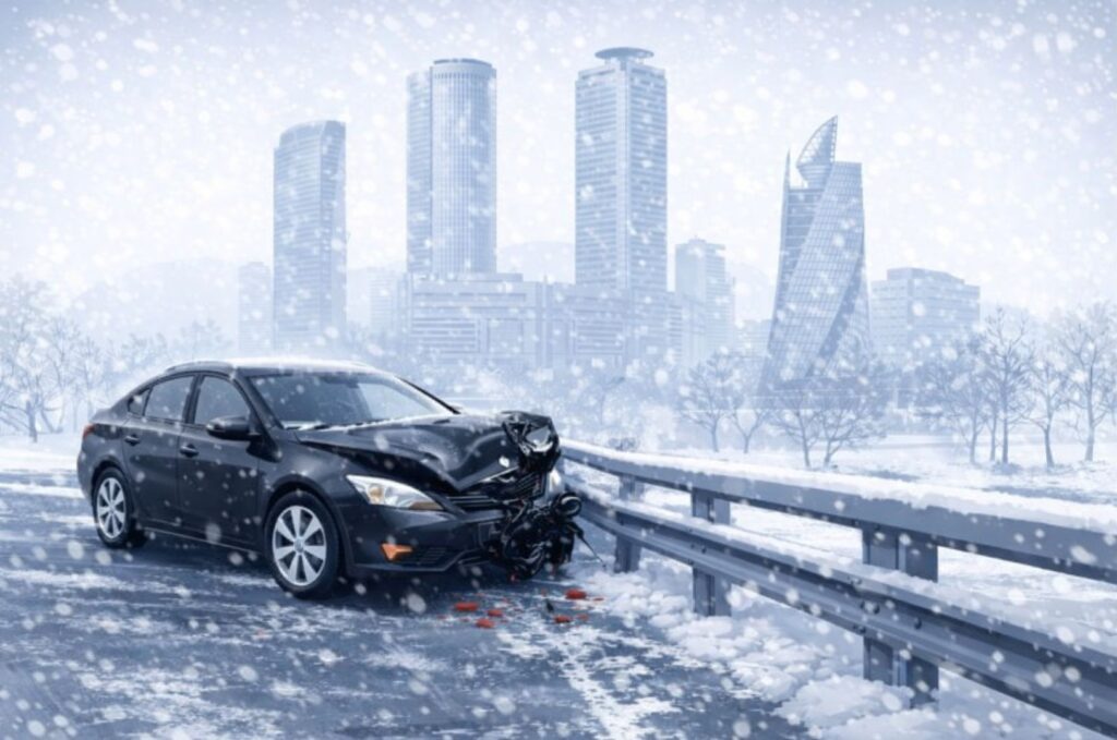 雪道でスリップし、ガードレールに衝突した自損事故の状況イメージ