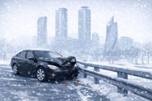 雪道でスリップし、ガードレールに衝突した自損事故の状況イメージ