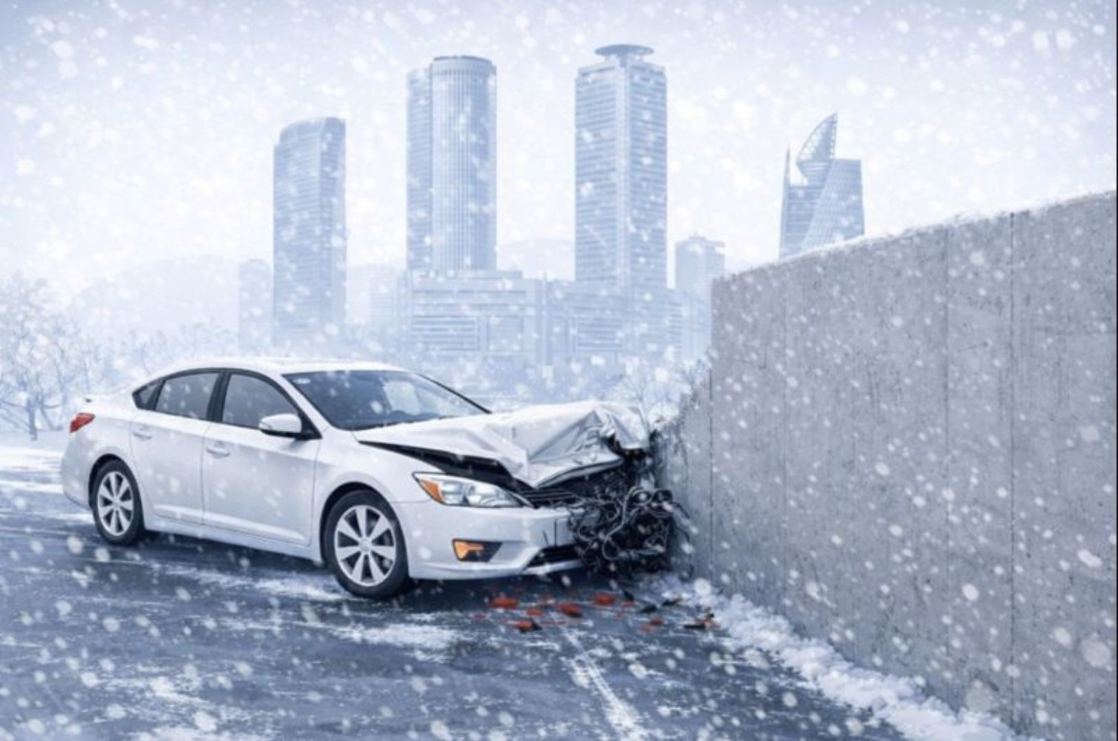 雪道でスリップし、壁に衝突した自損事故の状況イメージ