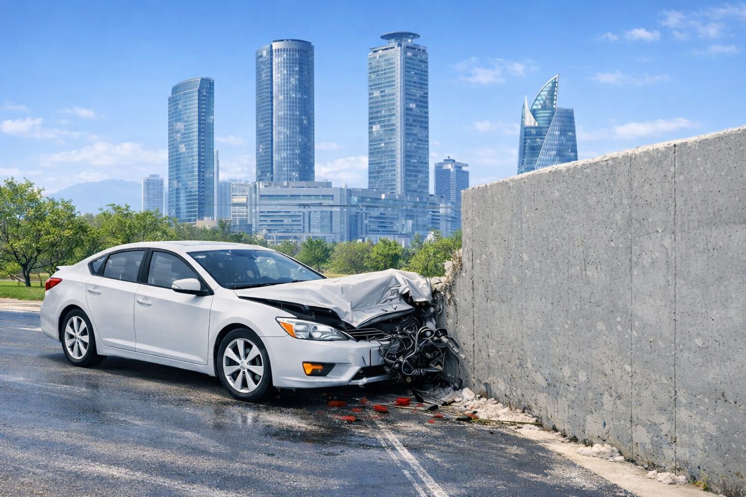 名古屋市内の道路で自動車が壁に衝突した自損事故のイメージ。交通事故後の対応や通院の必要性を示す画像