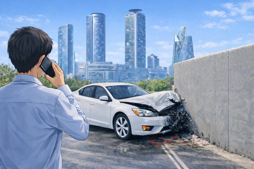 交通事故で車が壁に衝突し、運転者が現場から警察へ電話連絡をしている様子のイメージ画像