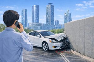 交通事故で車が壁に衝突し、運転者が現場から警察へ電話連絡をしている様子のイメージ画像