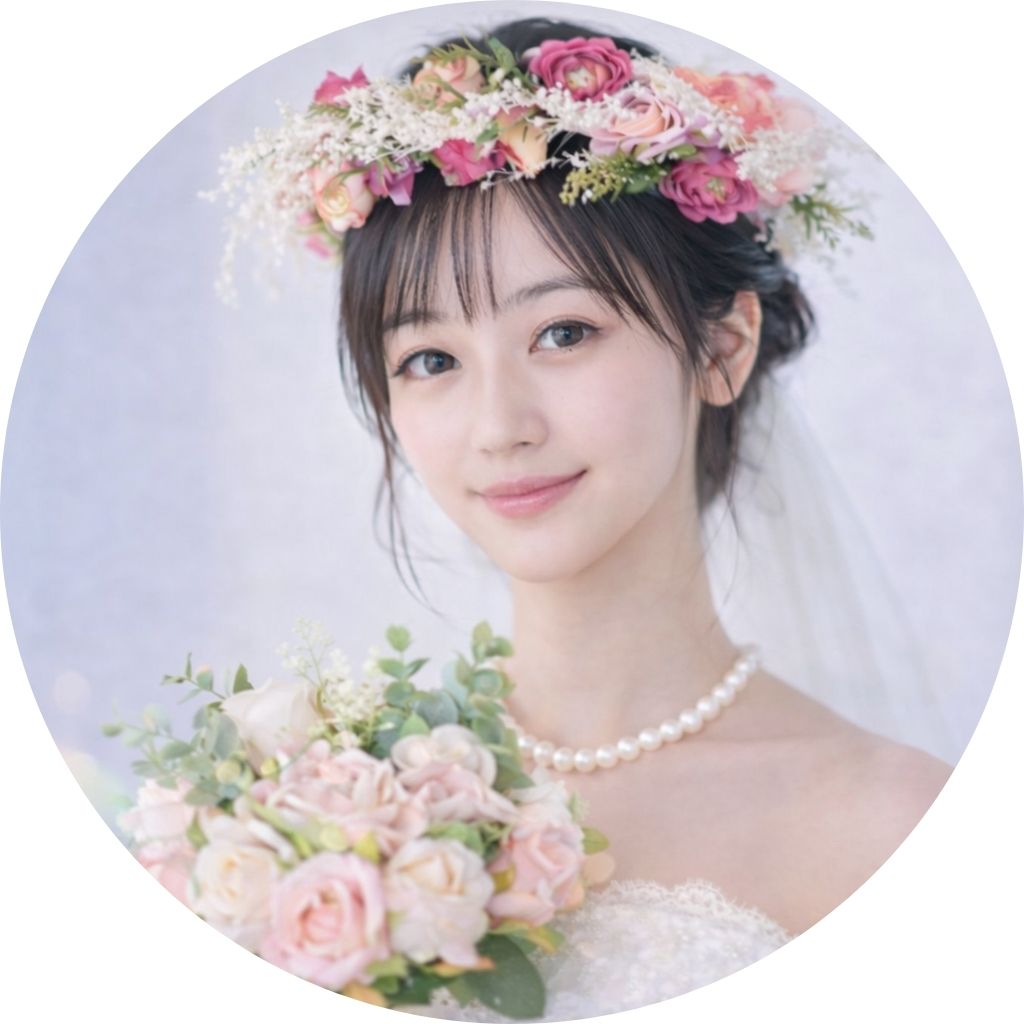 花冠とブーケを持った花嫁のポートレート。結婚式前のブライダル整体や姿勢改善をイメージ