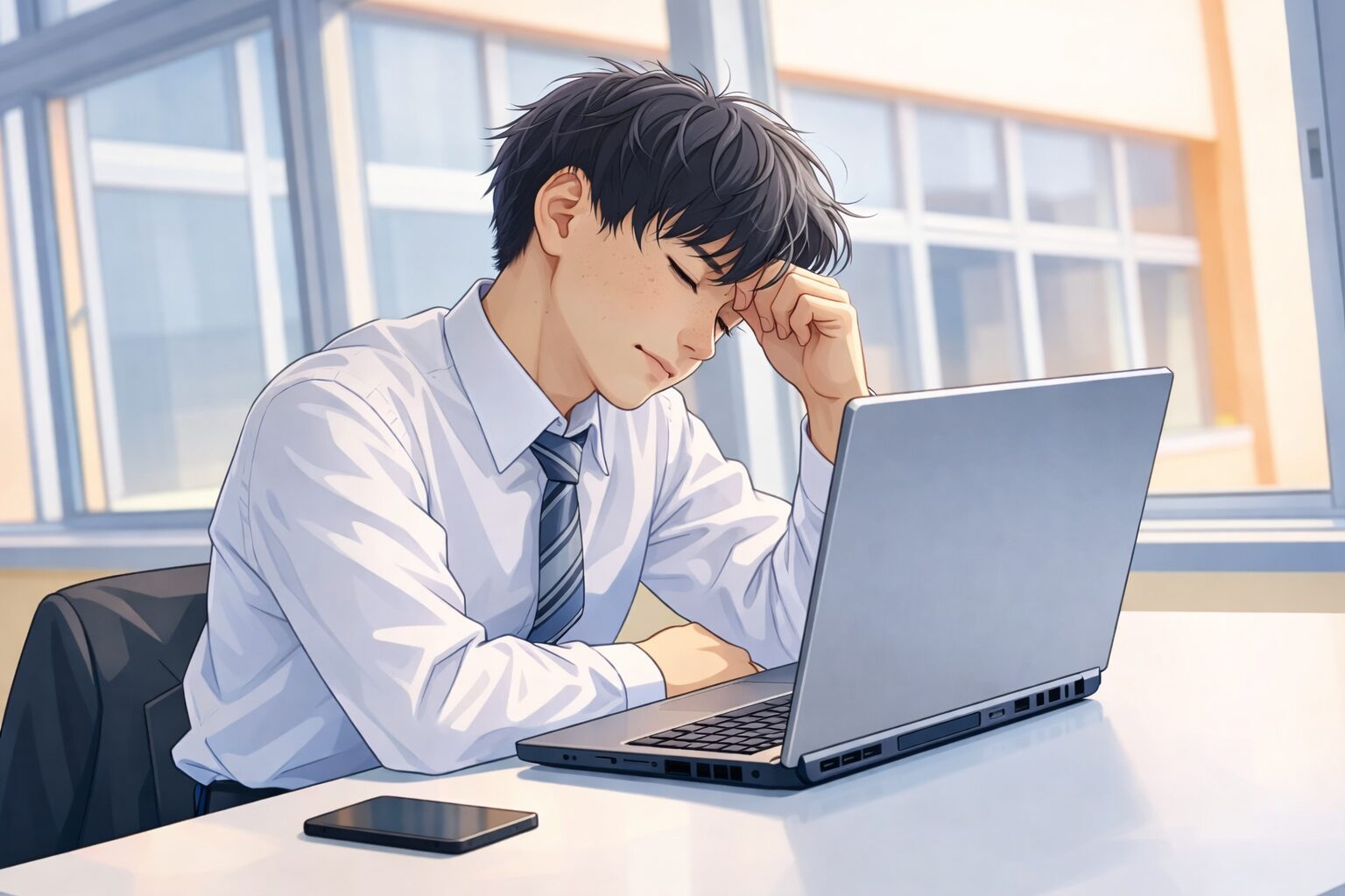 デスクワークによる肩こりや目の疲れでパソコン作業中に頭を押さえる男性のイラスト｜長時間のパソコン作業による姿勢の崩れ