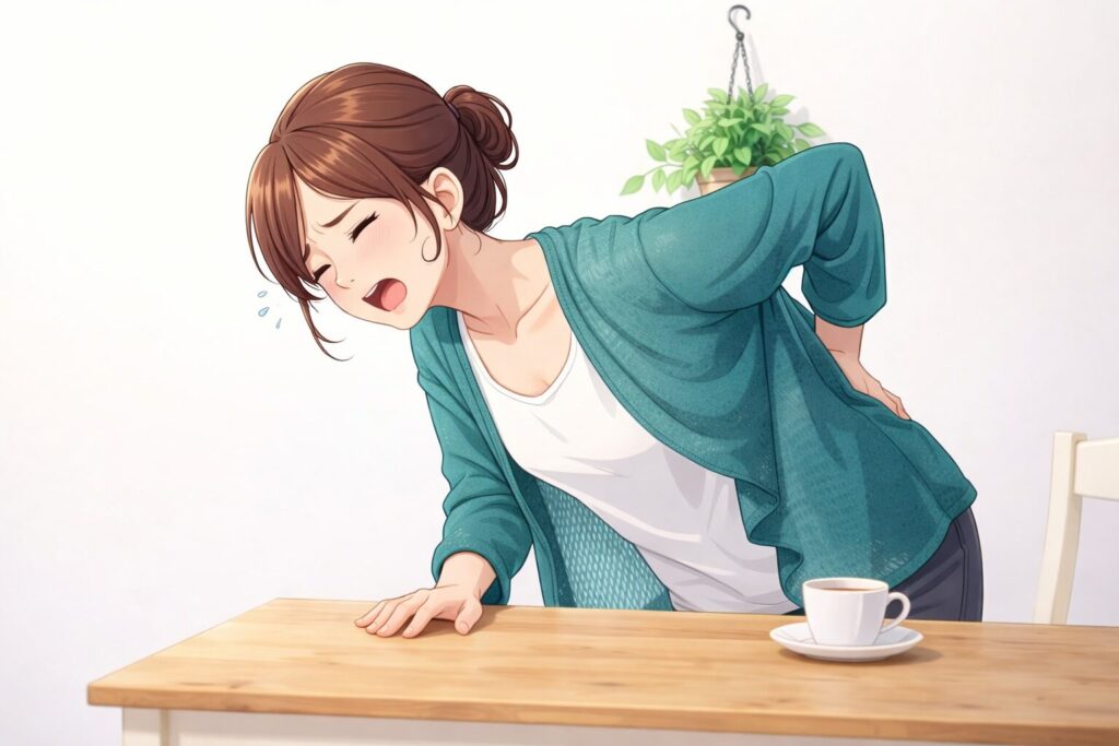 腰を押さえて痛みを感じている30代女性のイラスト。前かがみの姿勢で腰に負担がかかっている様子を表現