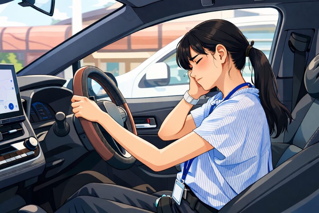 交通事故後に運転中、首の痛みや違和感を感じている女性ドライバーのイメージ